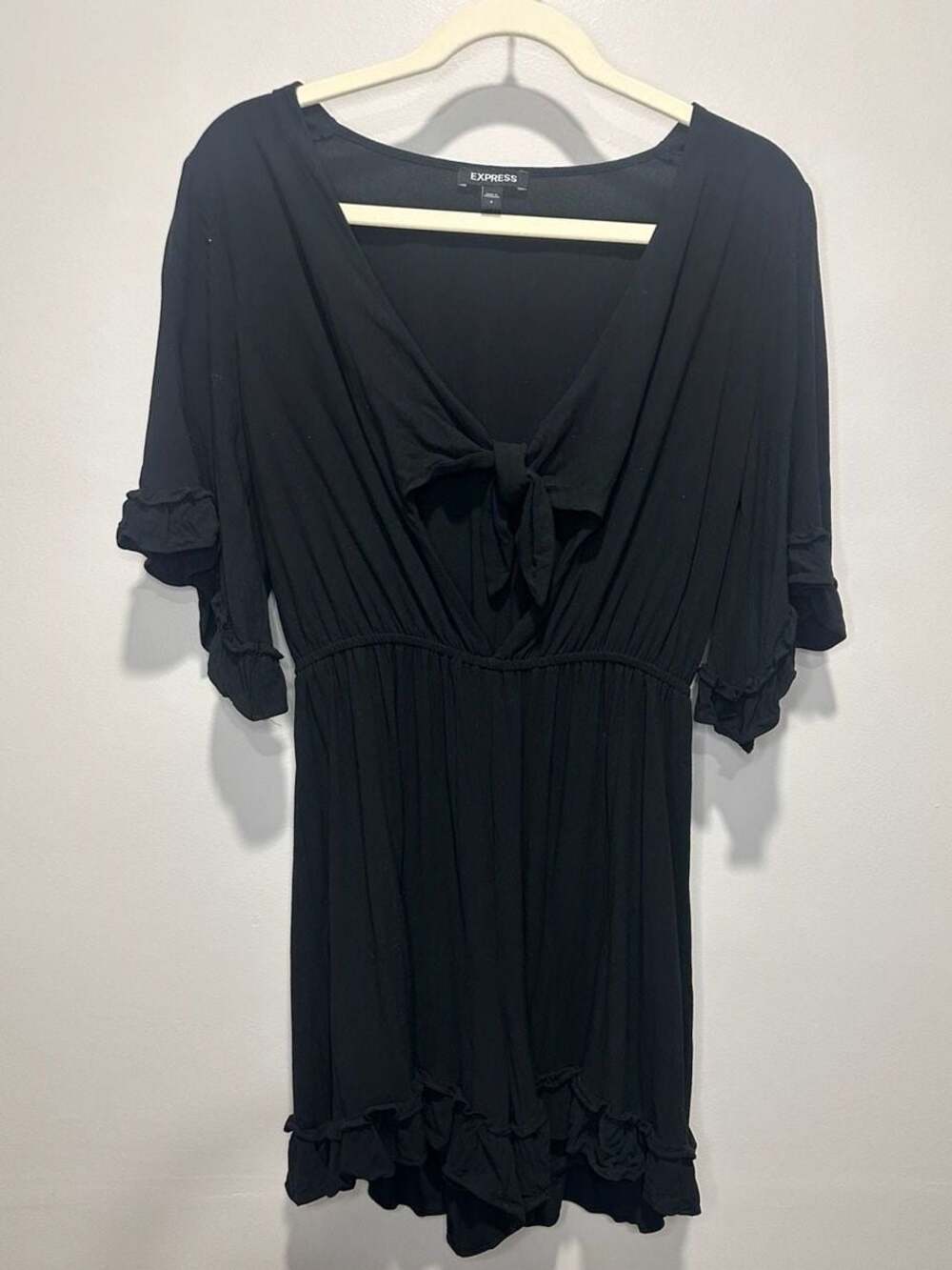 Express Black Tie-Front Ruffle Sleeve Romper